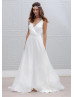 Ivory Polka Dot Chiffon V Back Long Sweet Wedding Dress  